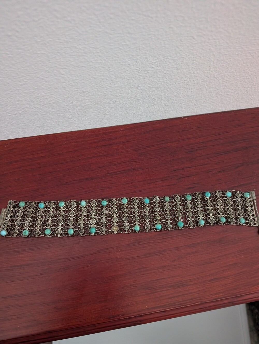 Vintage Middle Eastern Filigree Mesh Bracelet Turquoise Cabochon Silver Tone
